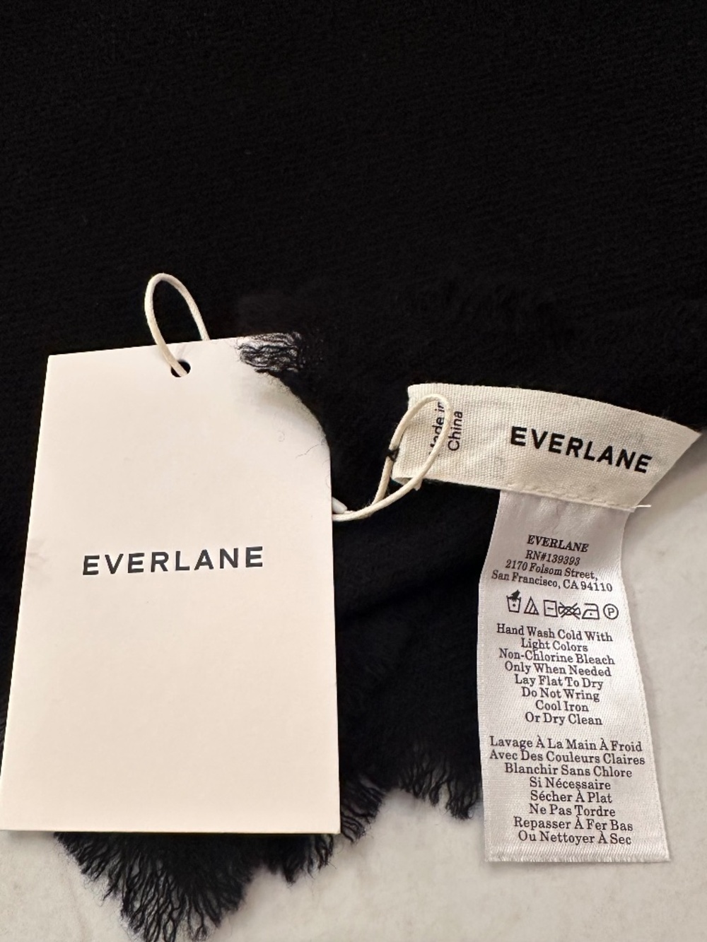 Everlane cashmere black extra large scarf feather light scarf with frayed edges,